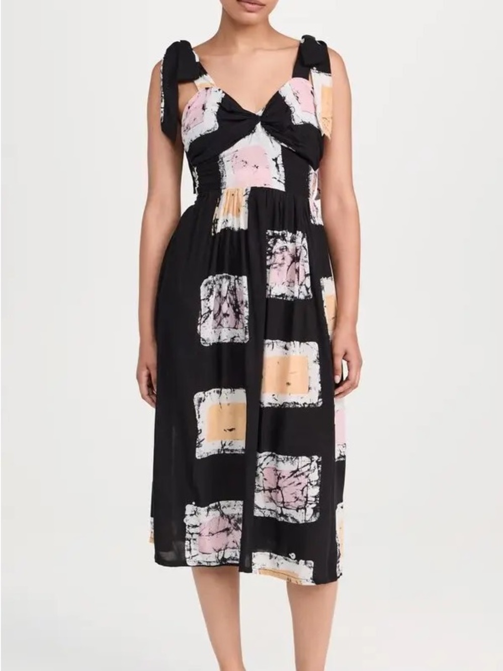 Nordstrom Black Midi Dress with Pink & Cream Square Print and Tie Straps